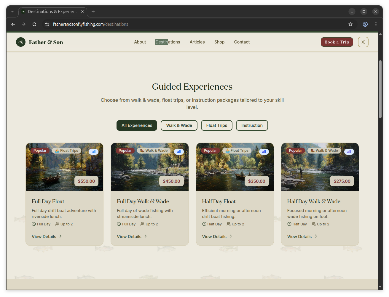 Clear trip options with experience types